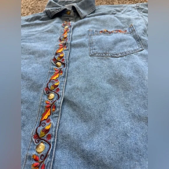 Style Studio Vintage Look Denim Chambray Fall Pumpkin Autumn Shirt Top - Picture 2 of 7